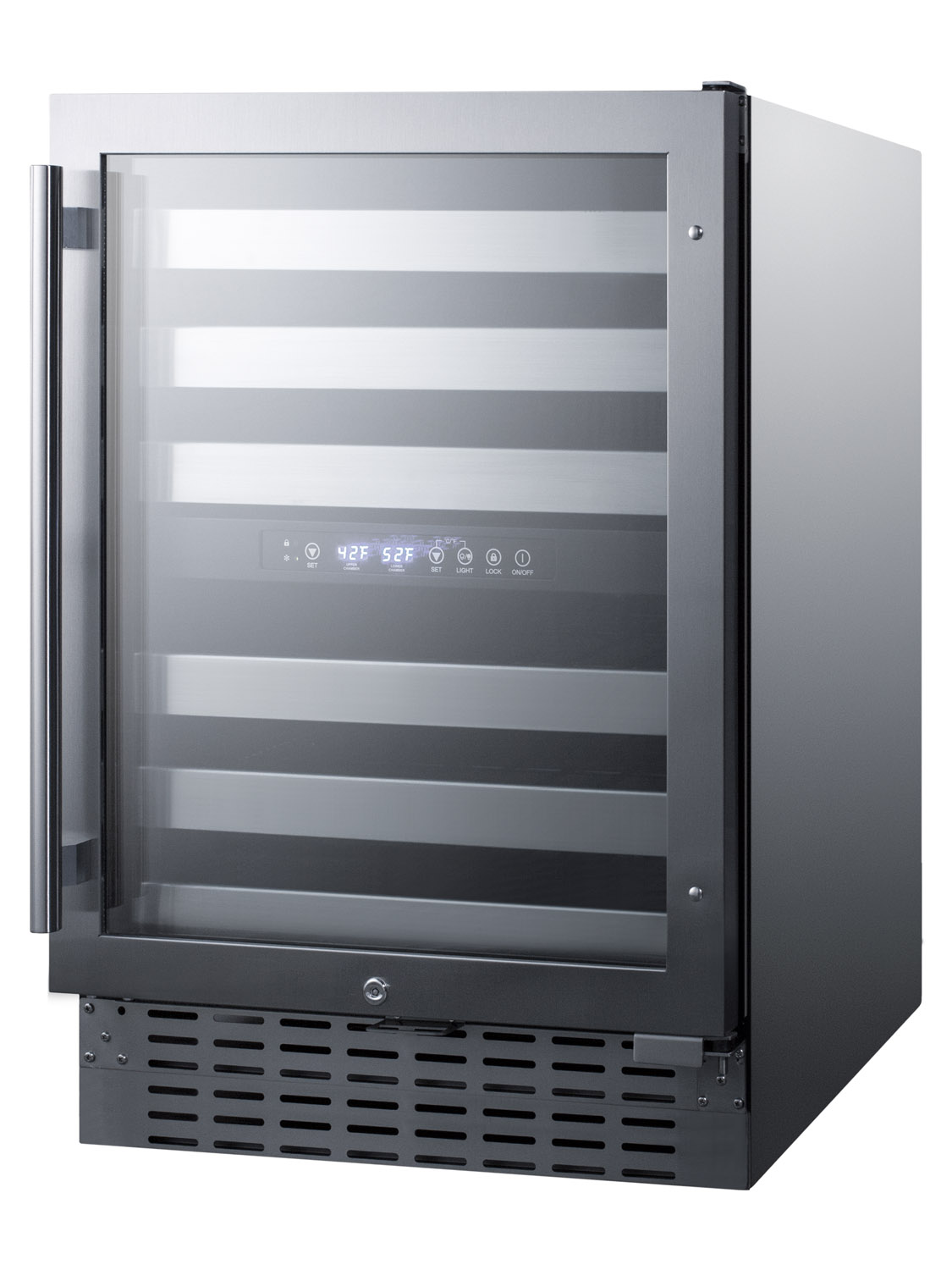 Commercially approved dual zone built-in wine cellar with digital thermostat, seamless stainless steel trimmed glass door, and stainless steel wrapped cabinet